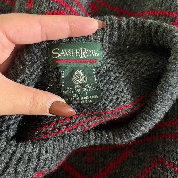 Vtg Y2K Retro 100% Shetland Wool Grey Red Pattern Pullover Grandpa Sweater Men L - Picture 8 of 9